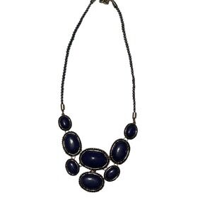Blue Faux Lapis Lazuli Bib Statement Necklace Silver Tone Beaded Chain Boho